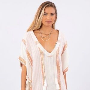 Rip Curl Linen Swim Cover Up Tassels Baja Stripe Cream Peach Cotton Viscose